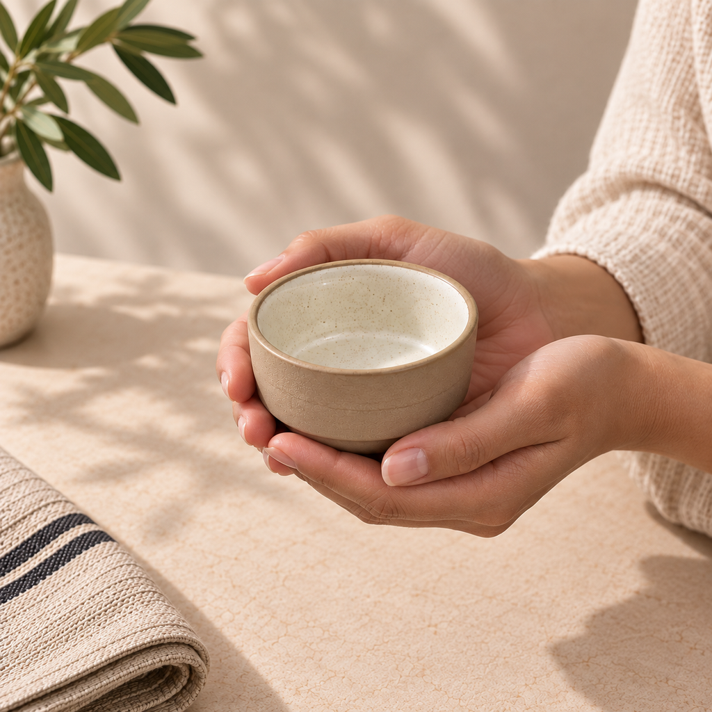 A person holds a small beige ceramic cup with both hands over a neutral beige table surface, with soft shadows and a plant in the background.