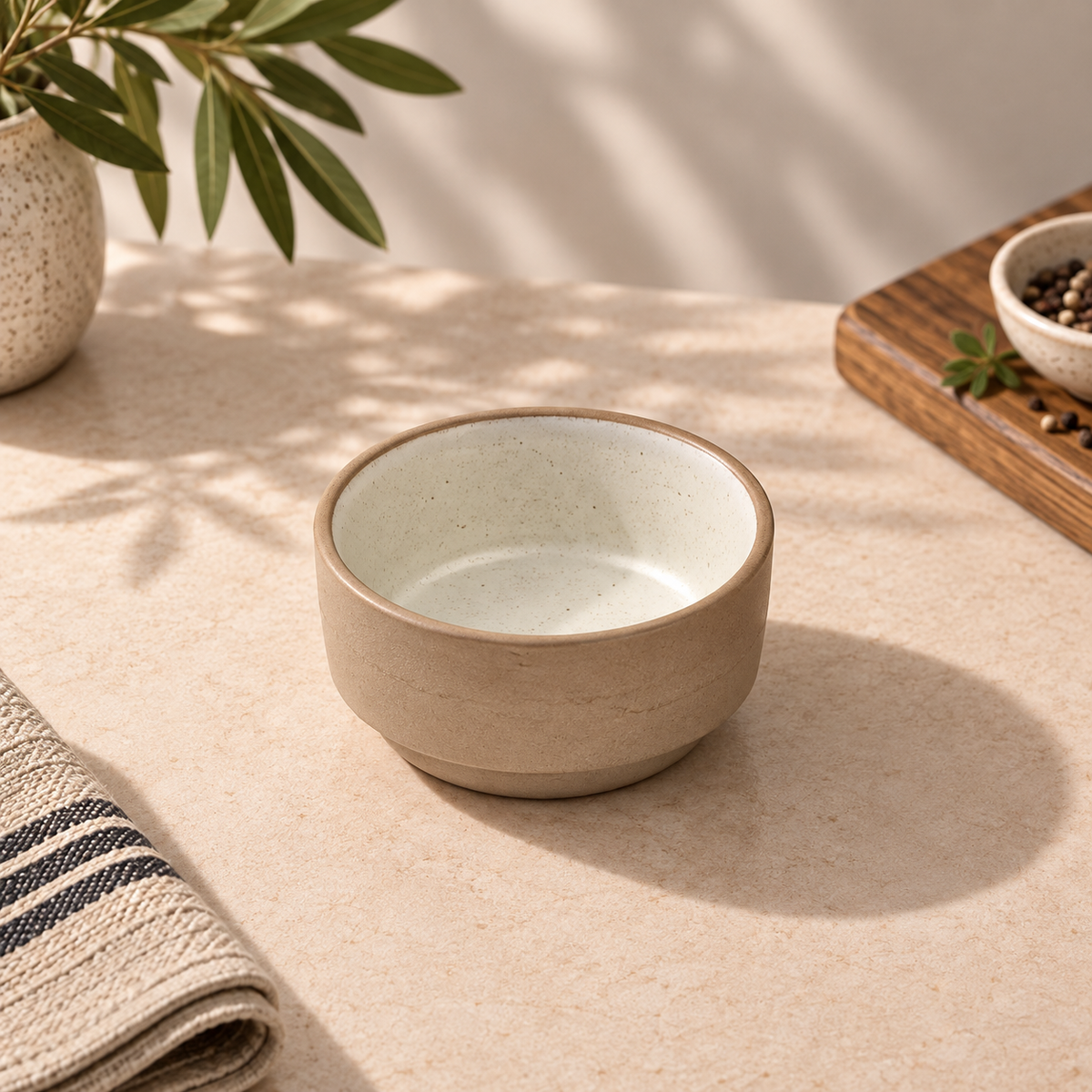 A small round ceramic bowl with a speckled beige exterior and a glossy off-white interior, styled on a light stone surface with soft leaf shadows, a plant leaf in a vase, and a small dish in the background.