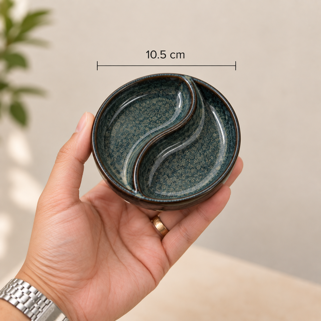 Ceramic Yin Yang Dip Plate Set of 2 with dual compartments for serving dips, sauces, chutneys and snacks.