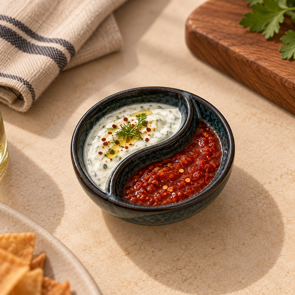 Ceramic Yin Yang Dip Plate Set of 2 with dual compartments for serving dips, sauces, chutneys and snacks.