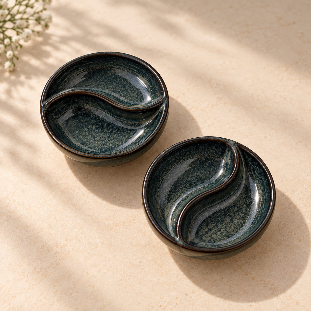 Ceramic Yin Yang Dip Plate Set of 2 with dual compartments for serving dips, sauces, chutneys and snacks.