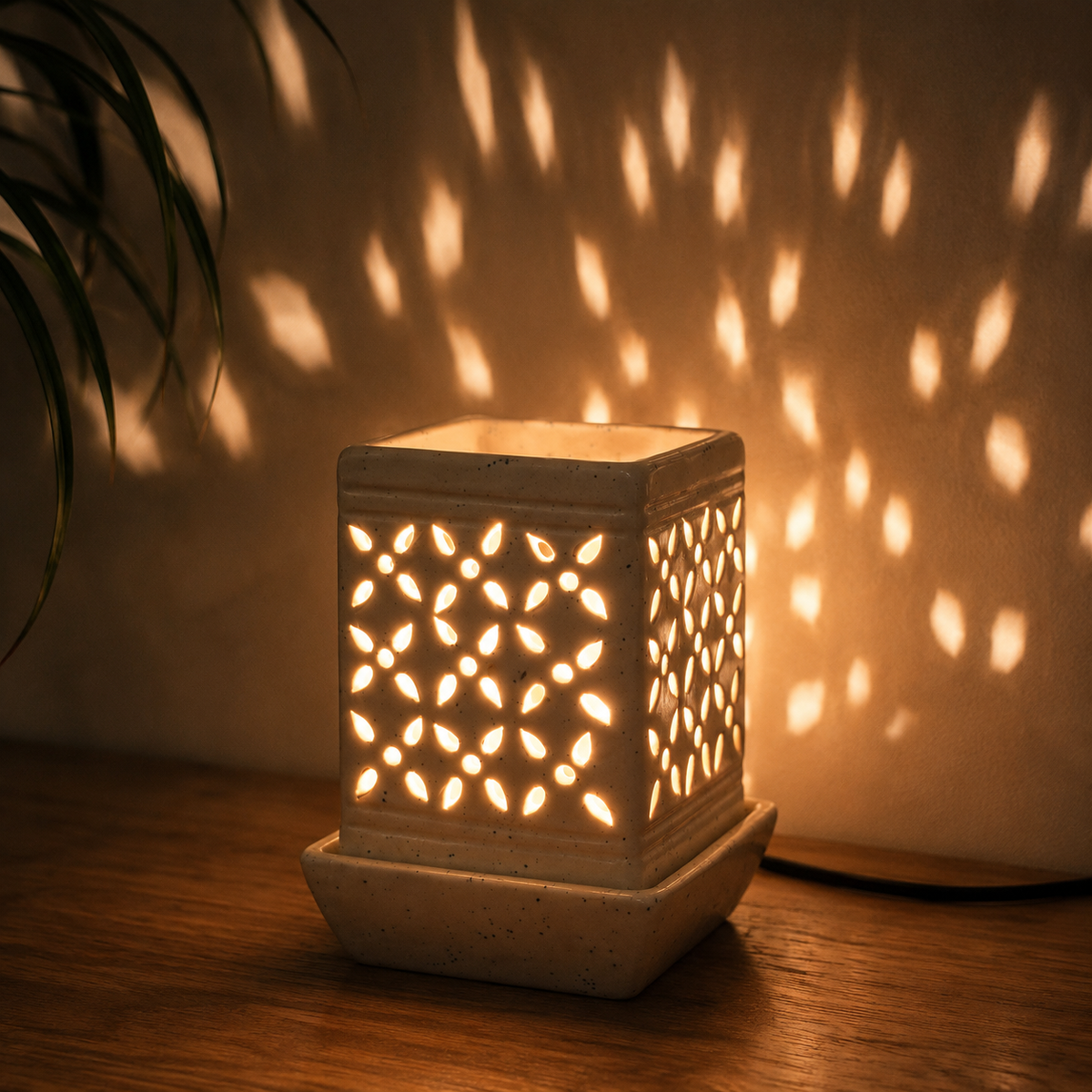 Aster Aroma Lamp glowing with warm light and creating a decorative pattern on the wall
