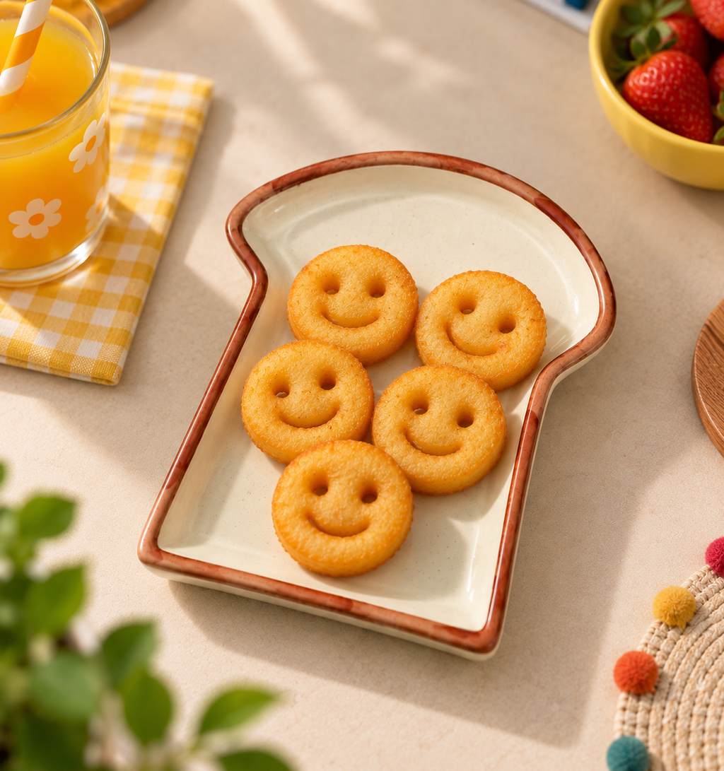 Five round golden-brown smiley face cookies arranged on a toast-shaped ceramic plate, styled on a beige tabletop with a glass of orange juice, strawberries, and small plants in the background.