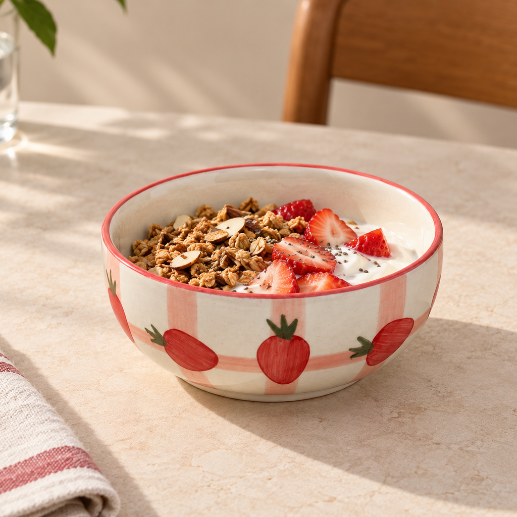 Berry Bliss ceramic bowl with strawberry design by Ozay Living
