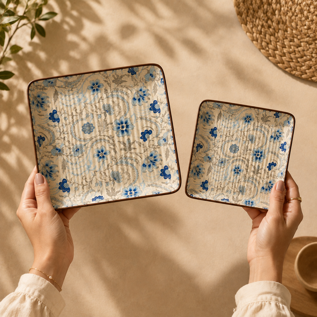 OZAY Living Blooming Buds serving platter on a textured beige background, held by hands against a warm beige backdrop with soft leaf shadows.