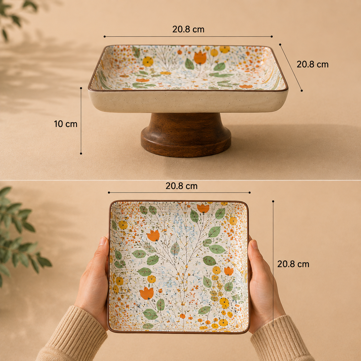 OZAY Living Blossom ceramic serving platter showing 20.8 cm by 20.8 cm dimensions and 10 cm height