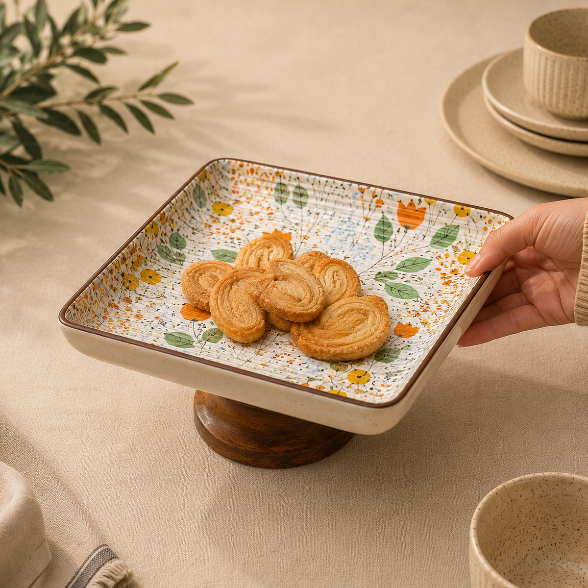OZAY Living Blossom ceramic serving platter styled with cookies on a wooden pedestal base