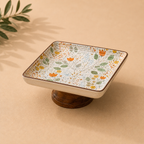 OZAY Living Blossom ceramic serving platter with wooden pedestal base