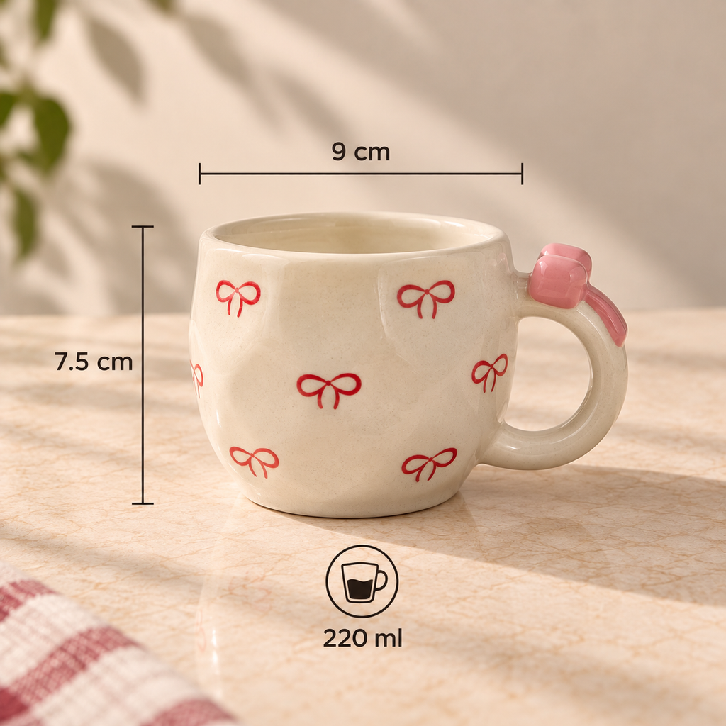 Blush Bow Ceramic Cup with handcrafted 3D pink bow design
