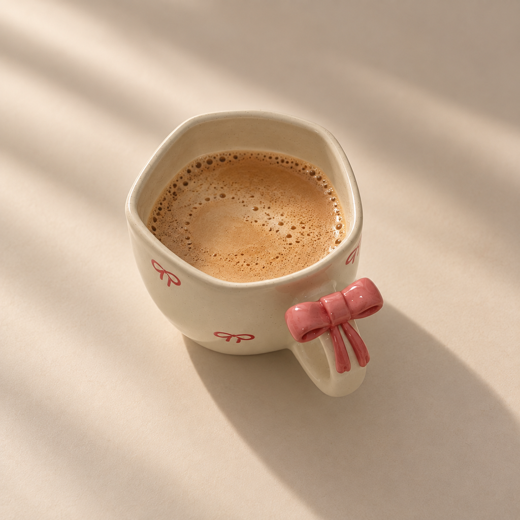 A ceramic coffee mug filled with coffee sits on a sunlit beige countertop. The mug is off-white with small red bow motifs and has a pink bow detail on the handle.