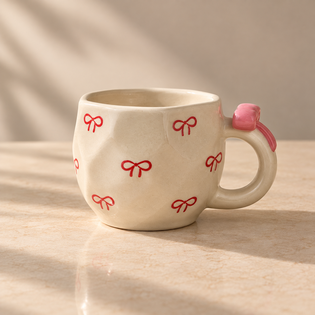 A ceramic mug with a warm cream-colored glaze, decorated with small red bow motifs and a pink bow on the handle, set on a sunlit marble countertop.