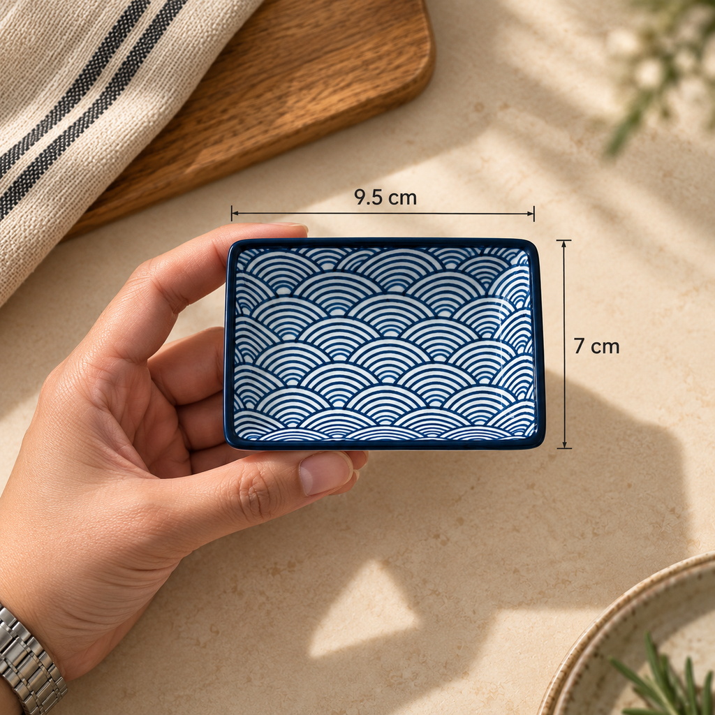 A hand holds a small rectangular ceramic dish with a blue and white wave pattern. The image includes dimension lines showing the dish is 9.