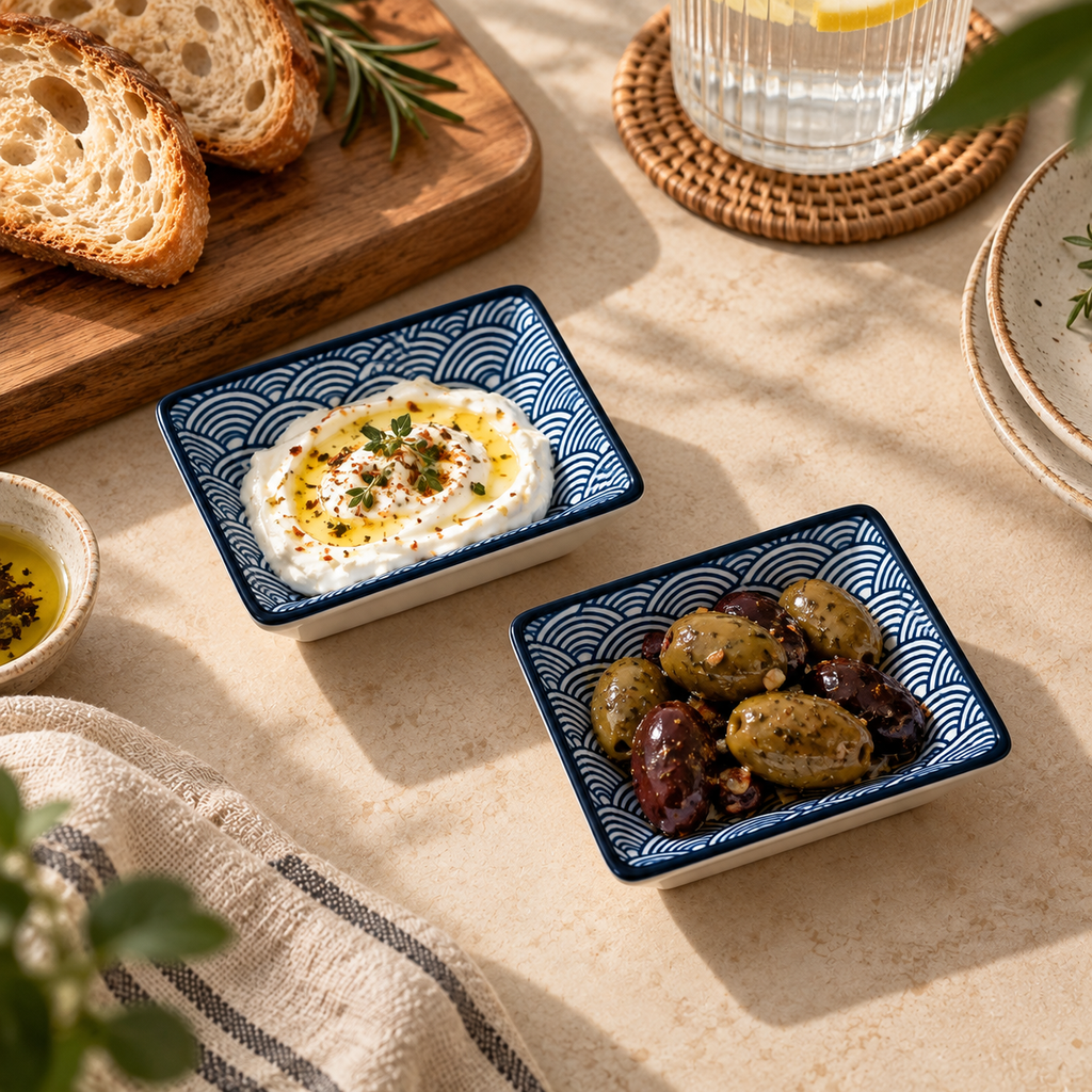 Two square ceramic appetizer dishes with a navy blue and white wave pattern, styled on a beige table. One dish contains white cheese with a drizzle of oil and herbs, and the other contains olives and dates.