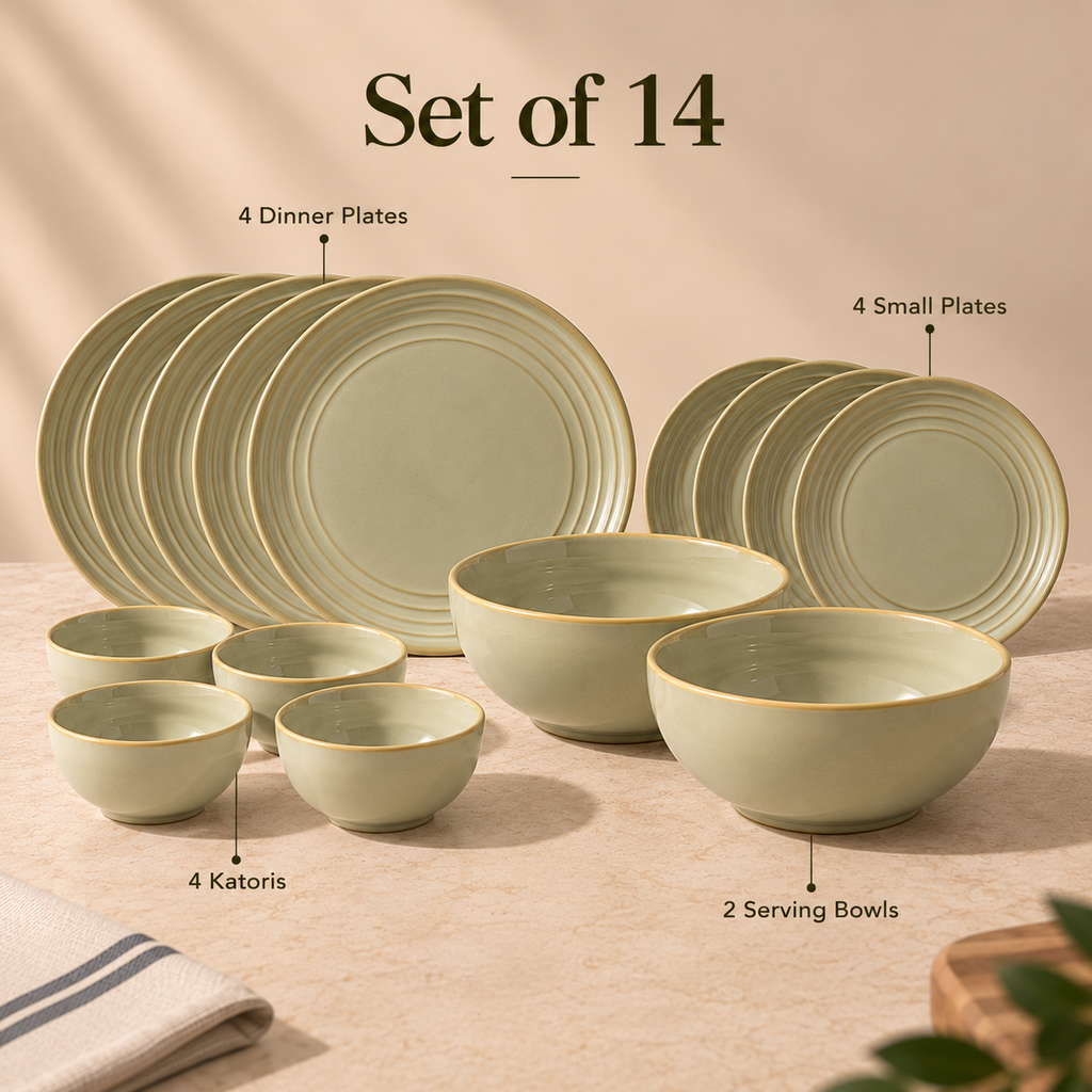 Echo dinner set of 14 with dinner plates, small plates, katoris and serving bowl by OZAY Living