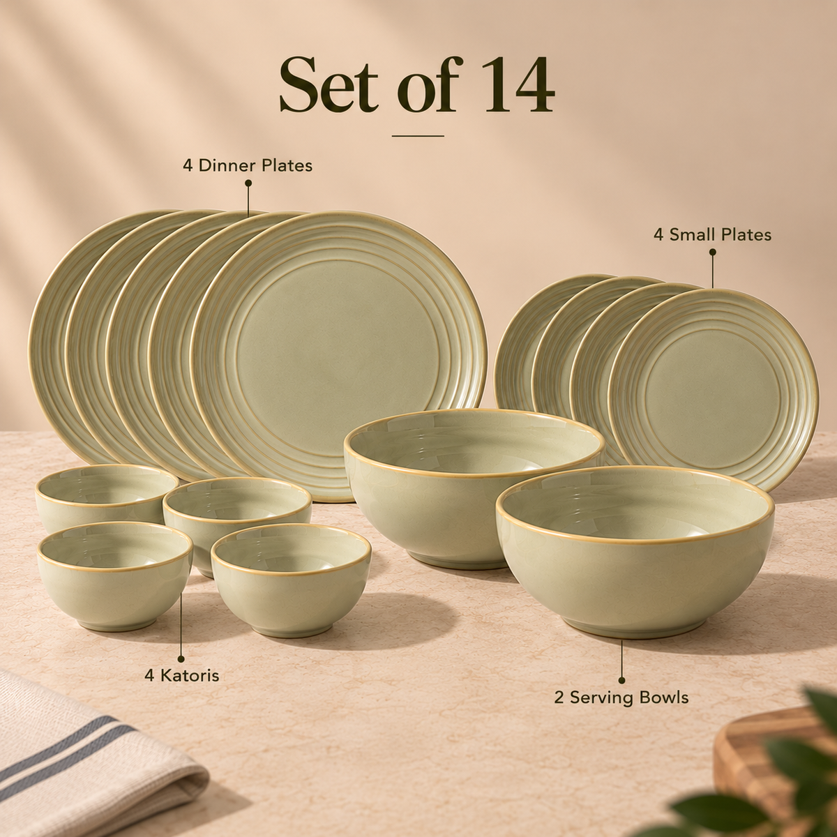 Echo dinner set of 14 with dinner plates, small plates, katoris and serving bowl by OZAY Living
