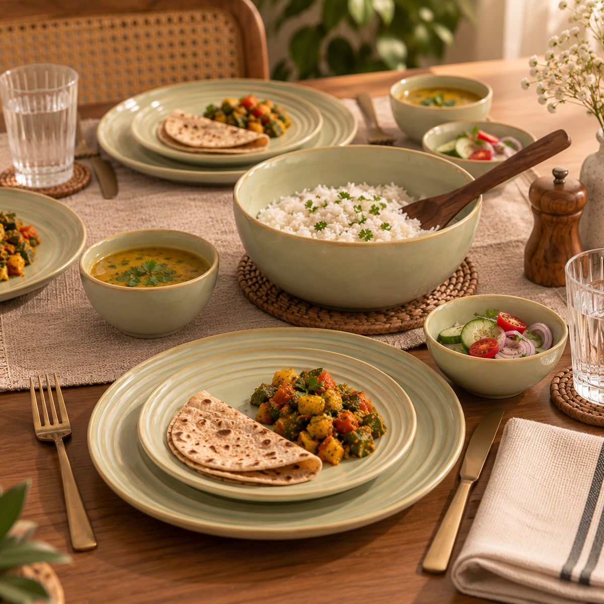 Echo dinner set with dinner plates, small plates, katoris and serving bowl by OZAY Living