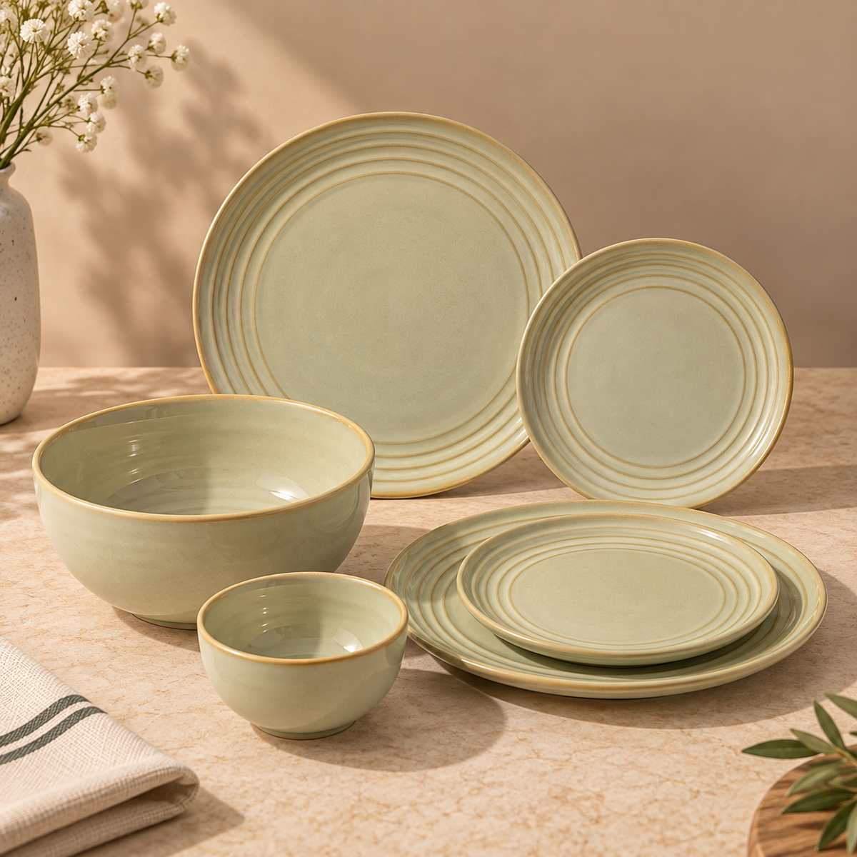 Echo dinner set with dinner plates, small plates, katoris and serving bowl by OZAY Living