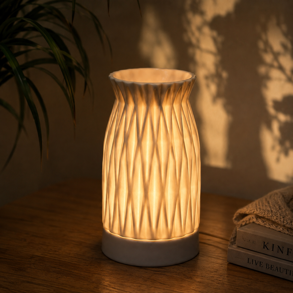 Elegante Aroma Lamp glowing in a warm ambient setting with lights on