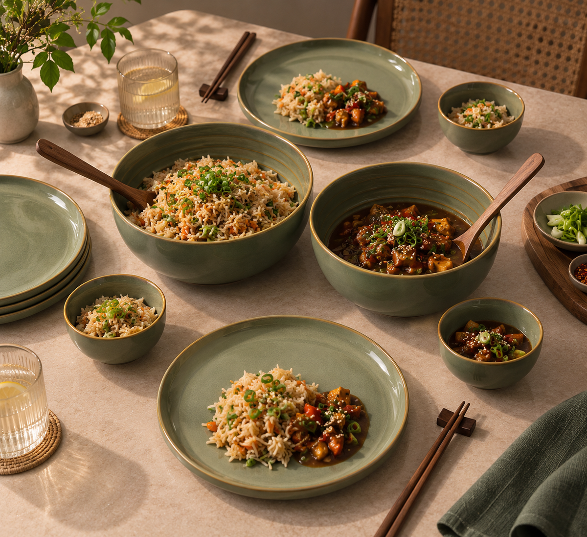 Grove porcelain dinner set with dinner plates, small plates, katoris and serving bowl by OZAY Living