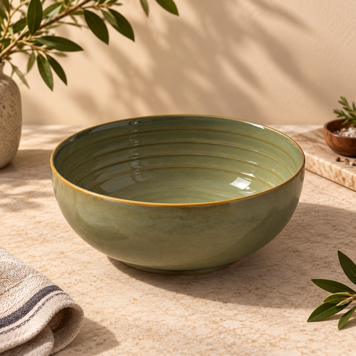 A large Grove Serving Bowl with a glossy sage green glaze and a thin gold rim, styled on a beige stone surface with decorative plants and a striped cloth.
