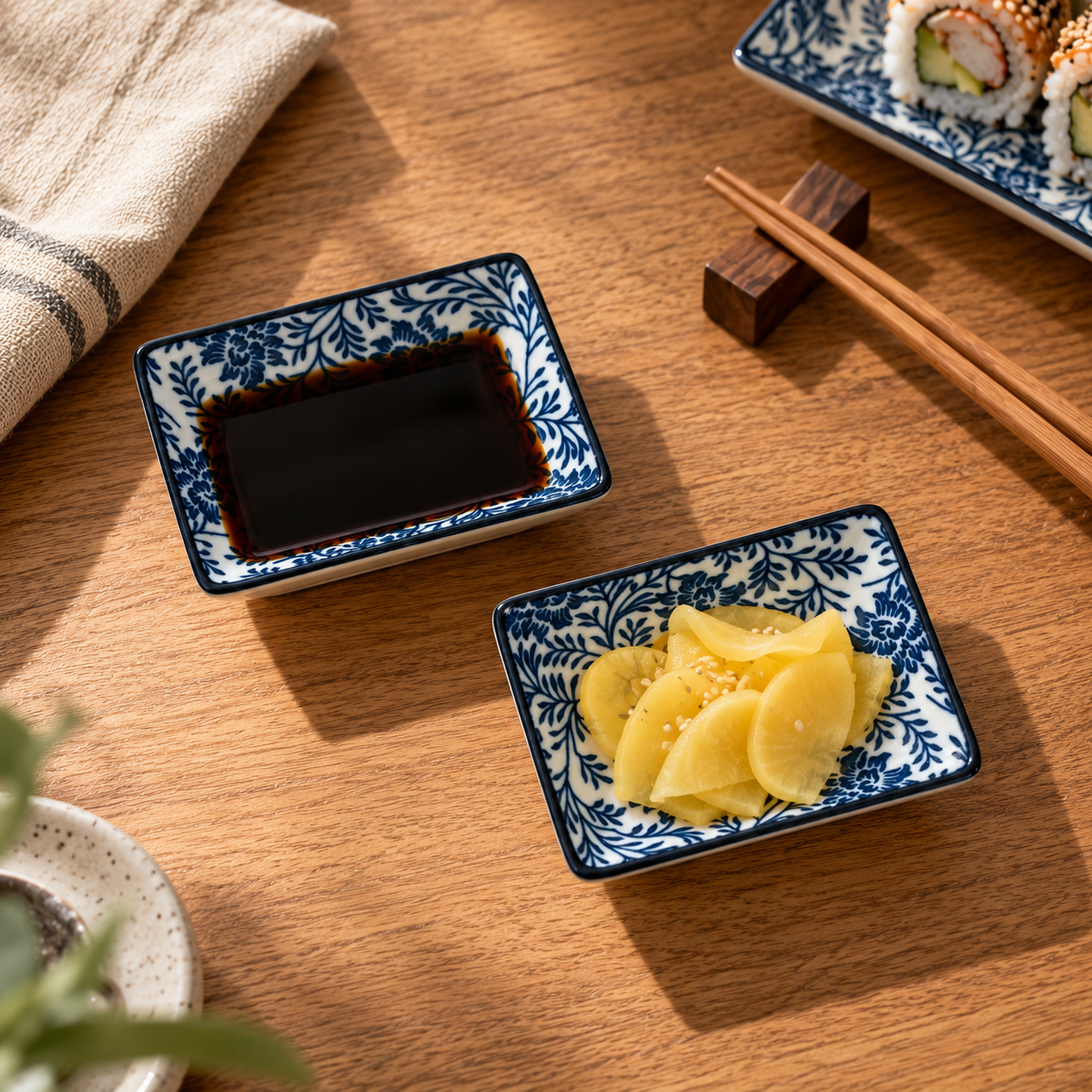 Two small square blue-and-white floral ceramic dipping dishes on a wooden table, one containing dark soy sauce and the other sliced pickled ginger, with chopsticks and sushi partially visible in a styled dining setting.