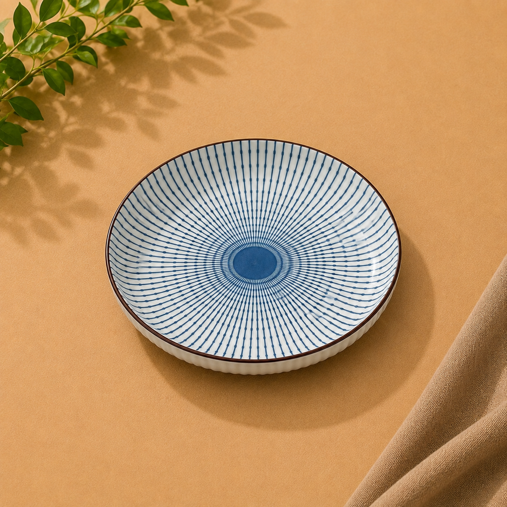 OZAY Living Kyoto round serving platter with blue radial pattern