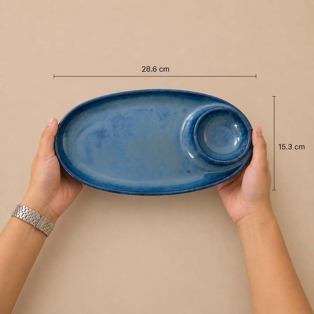 Laguna blue ceramic chip and dip platter with integrated dip cup by OZAY Living