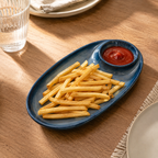 Laguna blue ceramic chip and dip platter with integrated dip cup by OZAY Living