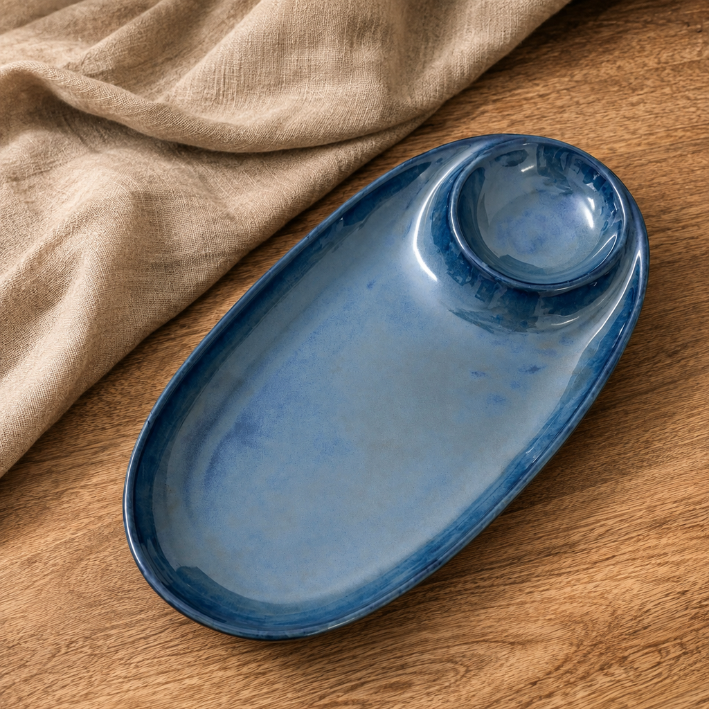 A blue glazed ceramic serving tray by ozay living  with a single recessed cup, placed on a wooden surface next to a beige linen cloth.