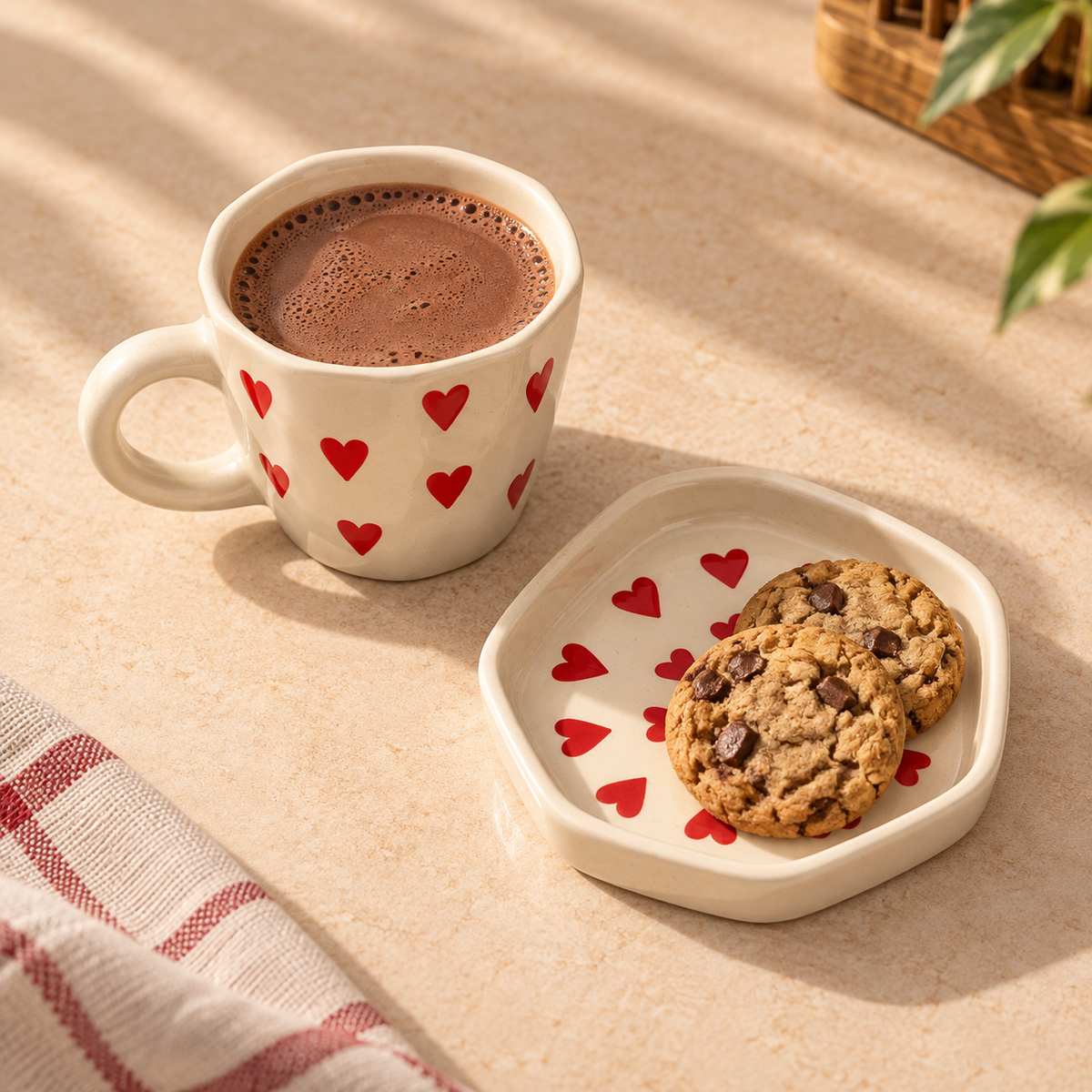 Little Hearts Ceramic Cup & Saucer with hand-painted red heart design