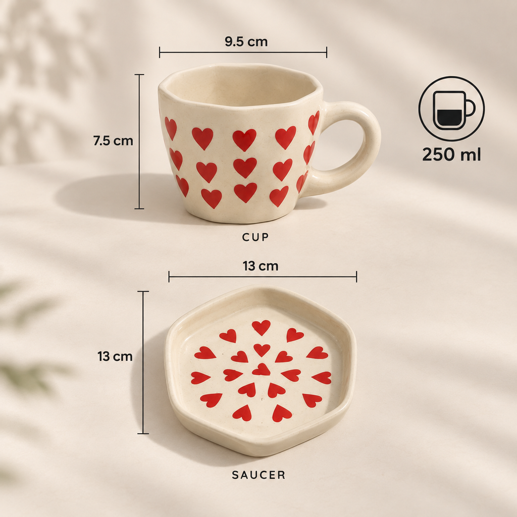 Little Hearts Ceramic Cup & Saucer with hand-painted red heart design

