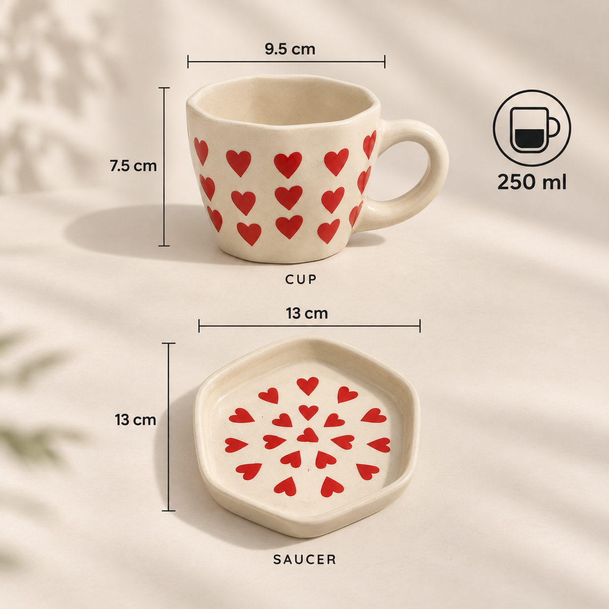 Little Hearts Ceramic Cup & Saucer with hand-painted red heart design
