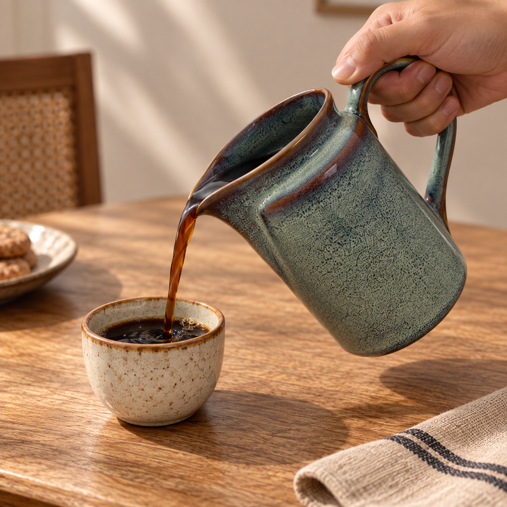 Luma ceramic serving jug with pouring spout and handle by OZAY Living