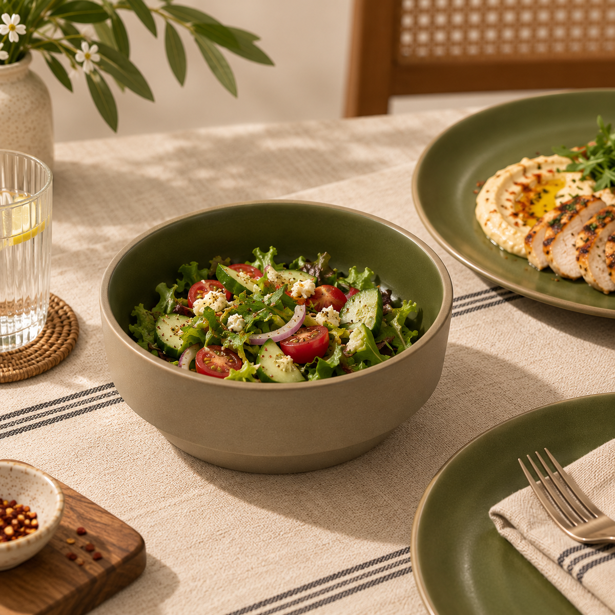 Moss green ceramic serving bowl by OZAY Living