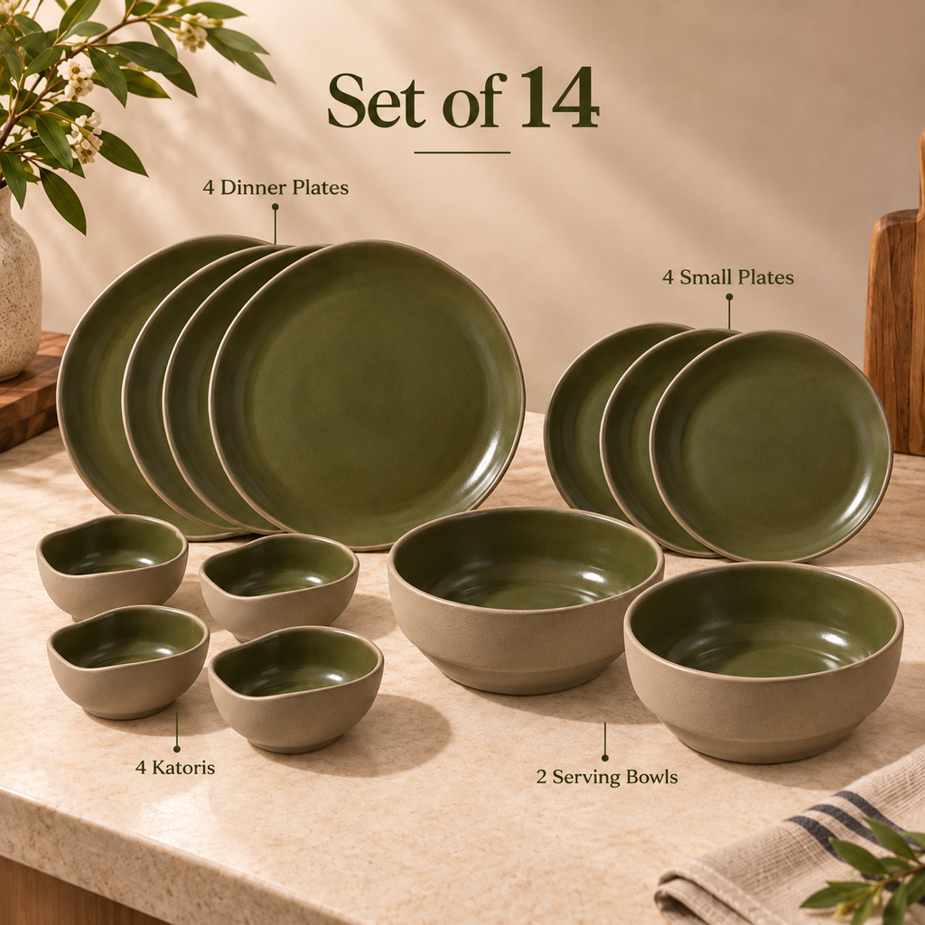 Moss green dining set with plates, katoris and serving bowl by OZAY Living