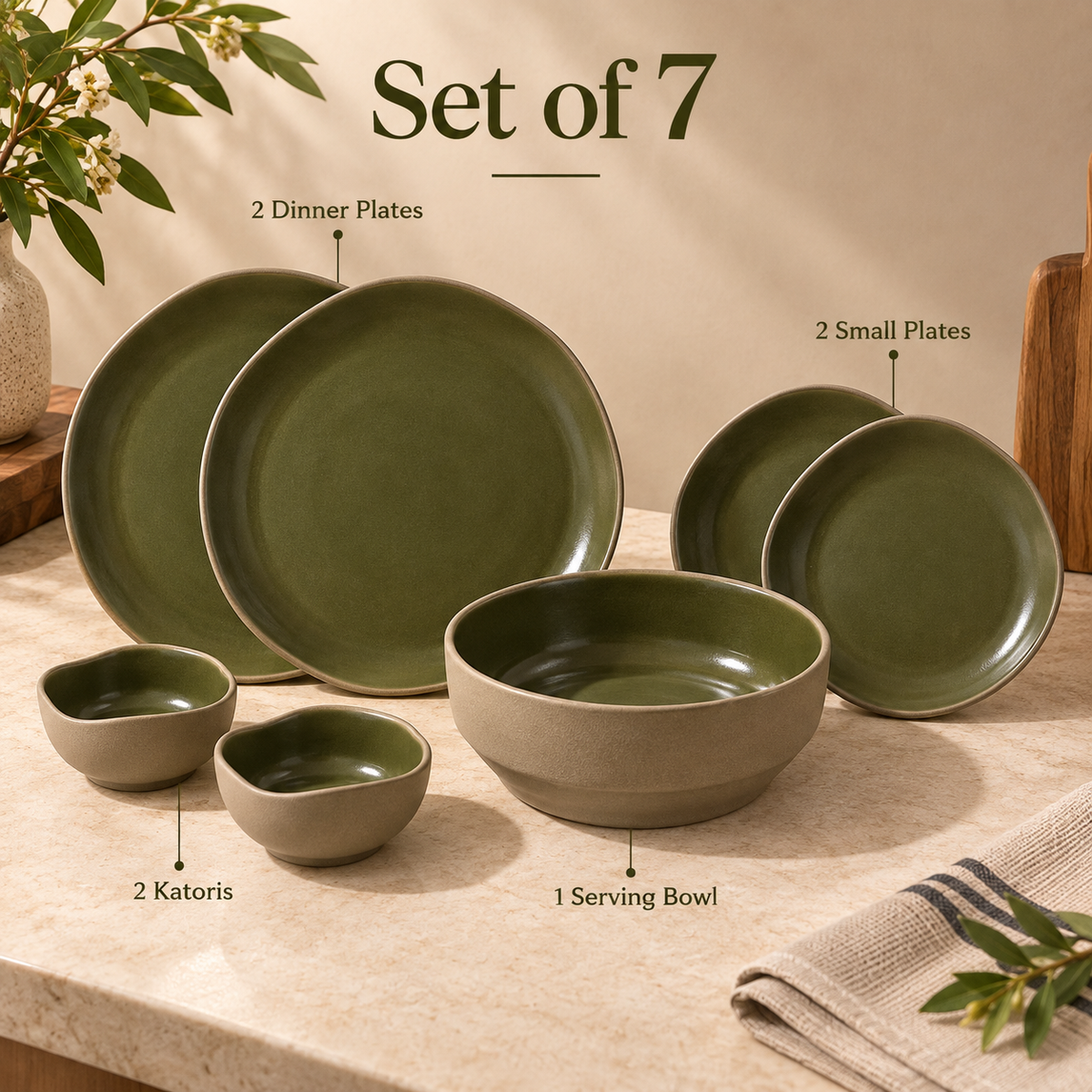 Moss green dining set with plates, katoris and serving bowl by OZAY Living