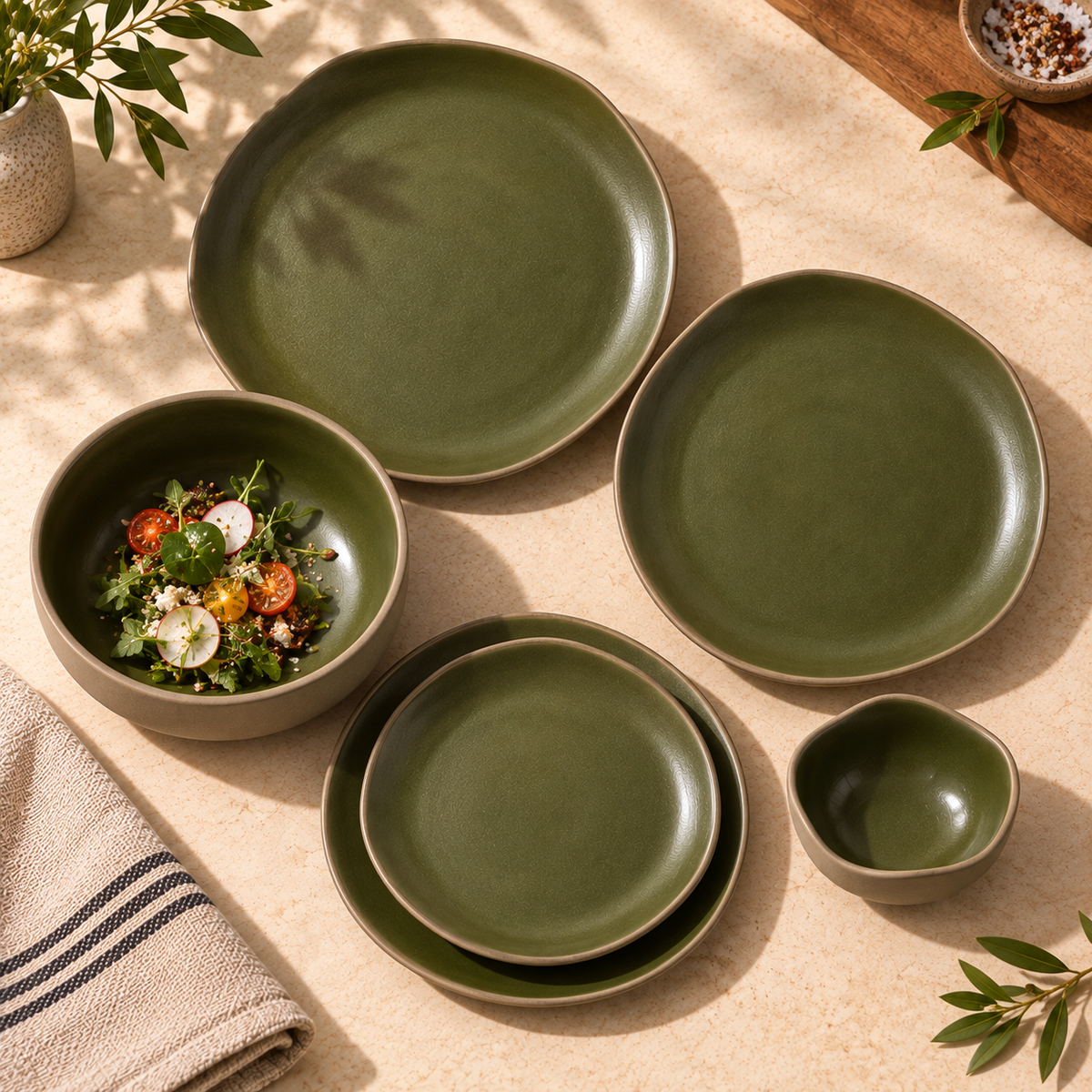 Moss green dining set with plates, katoris and serving bowl by OZAY Living