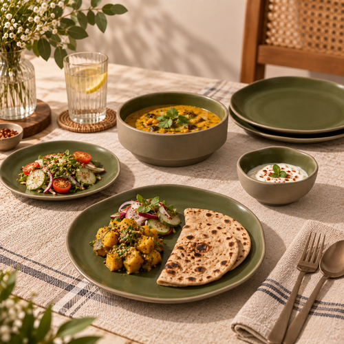Moss green dining set with plates, katoris and serving bowl by OZAY Living