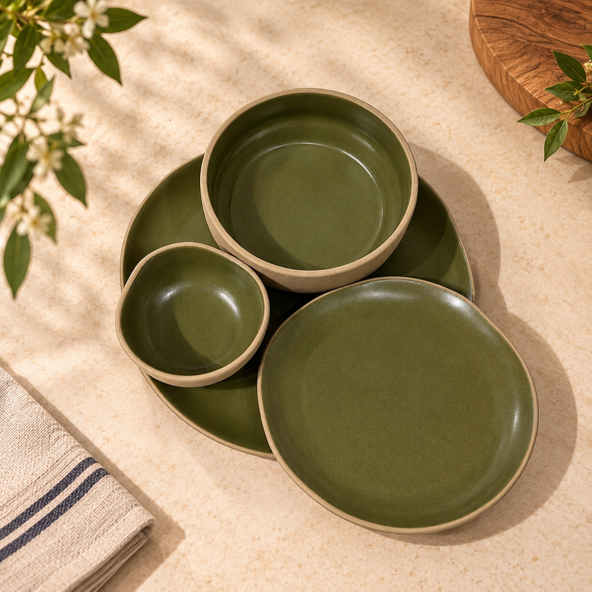 Moss green dining set with plates, katoris and serving bowl by OZAY Living