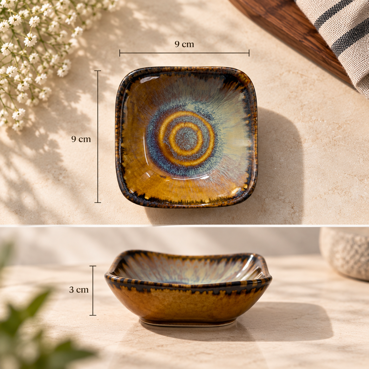 Nest Petite Server, showing its dimensions. The top view shows a 9 cm by 9 cm size with a concentric spiral glaze pattern in yellow, blue, and brown.