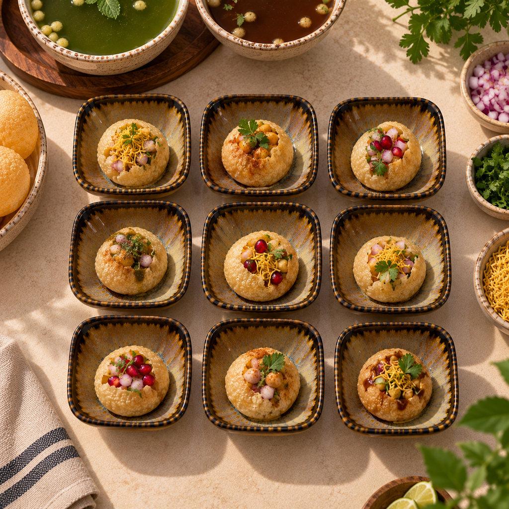 Nine small Nest Petite Servers, served with garnishes and surrounded by bowls of chutney, onions, herbs, and lime on a beige tabletop.
