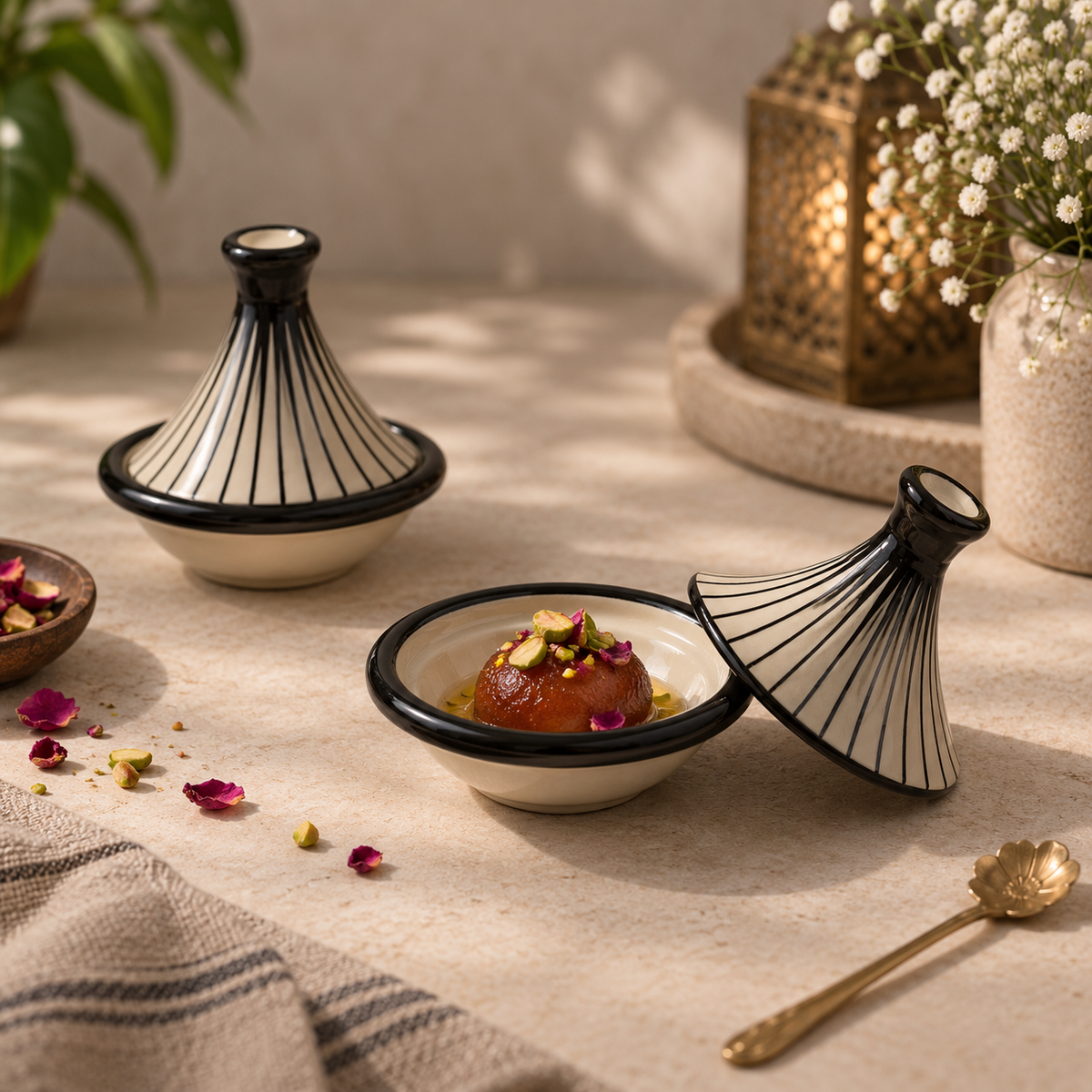 Two Ceramic Noor Petite Servers with black striped lids and black rims are styled on a beige fabric surface with scattered rose petals. One tagina is closed, and the other is tipped over to reveal a dessert inside.