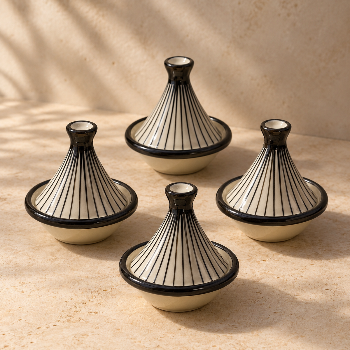 Four Two Ceramic Noor Petite Servers , arranged on a beige stone surface with soft leaf shadows. The tagines have an off-white glazed base with thin black radial stripes and black rims.