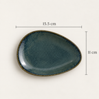 Onda Petite Ceramic Server Plate in a dark blue-green glaze with a brown rim, shown on a light beige background with dimension lines indicating 15.5 cm width and 11 cm height.