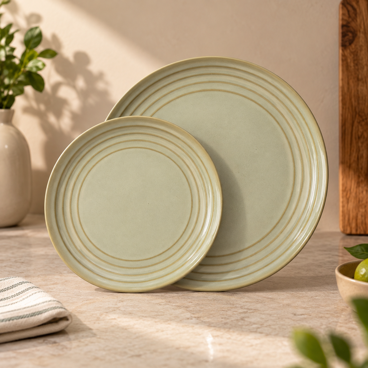 Porcelain Echo Dinner Plates by Ozay Living with minimalist concentric ring design for snacks, desserts and everyday dining.