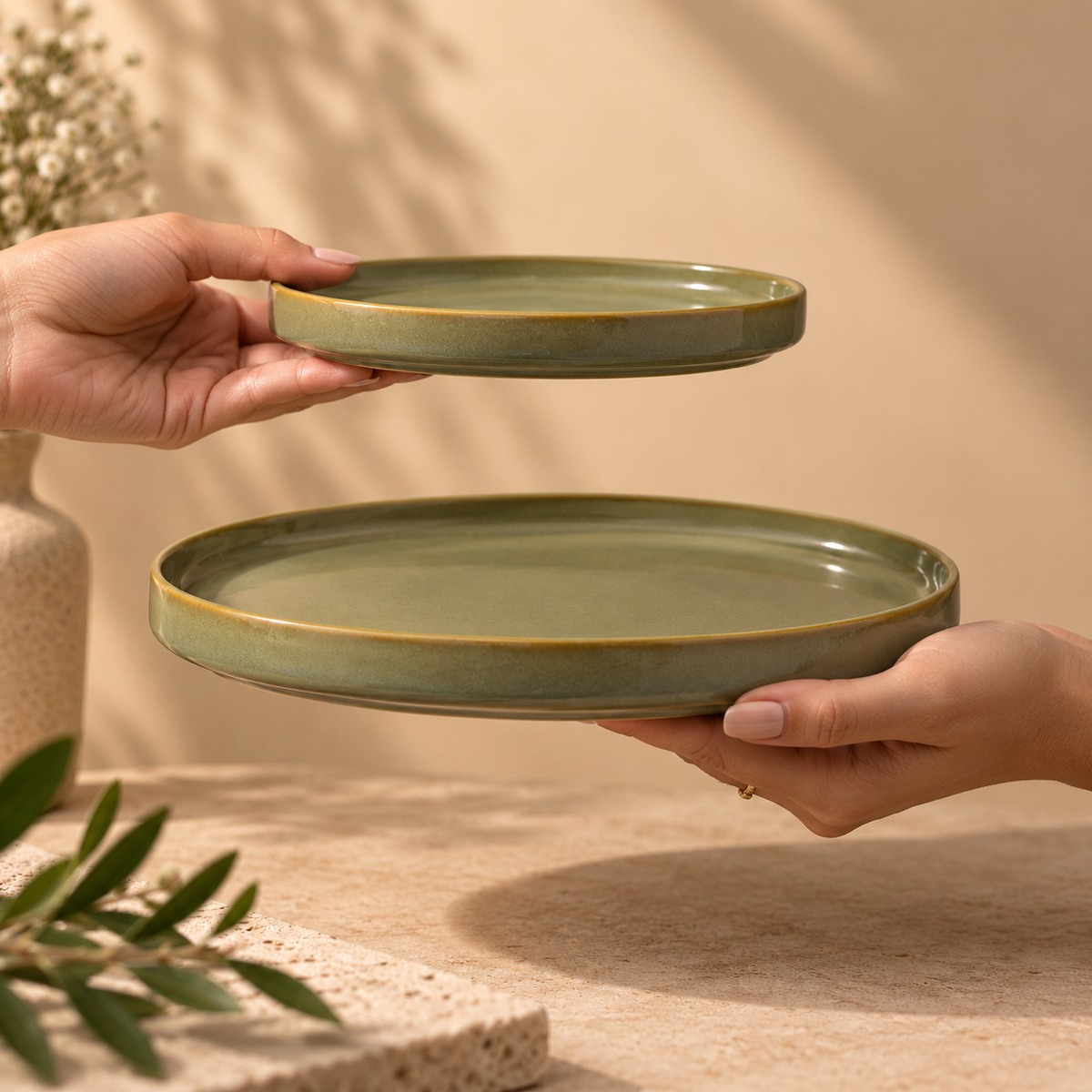  Porcelain Groove Plate  with a soft sage green glaze for snacks, desserts and everyday dining.