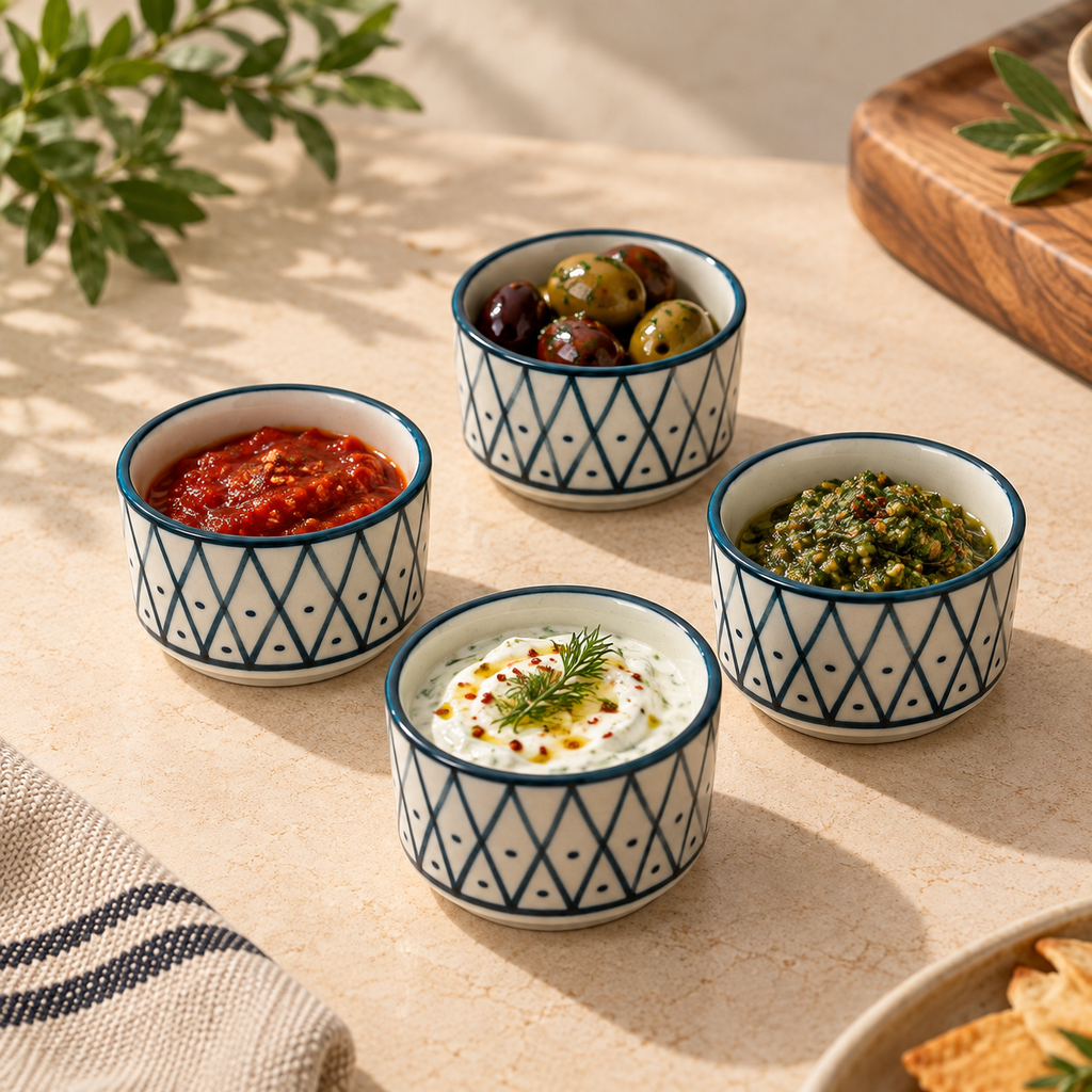 
Ozay Living Lattice Dip Cups used for serving assorted dips and accompaniments, showing four ceramic dip cups with geometric lattice pattern