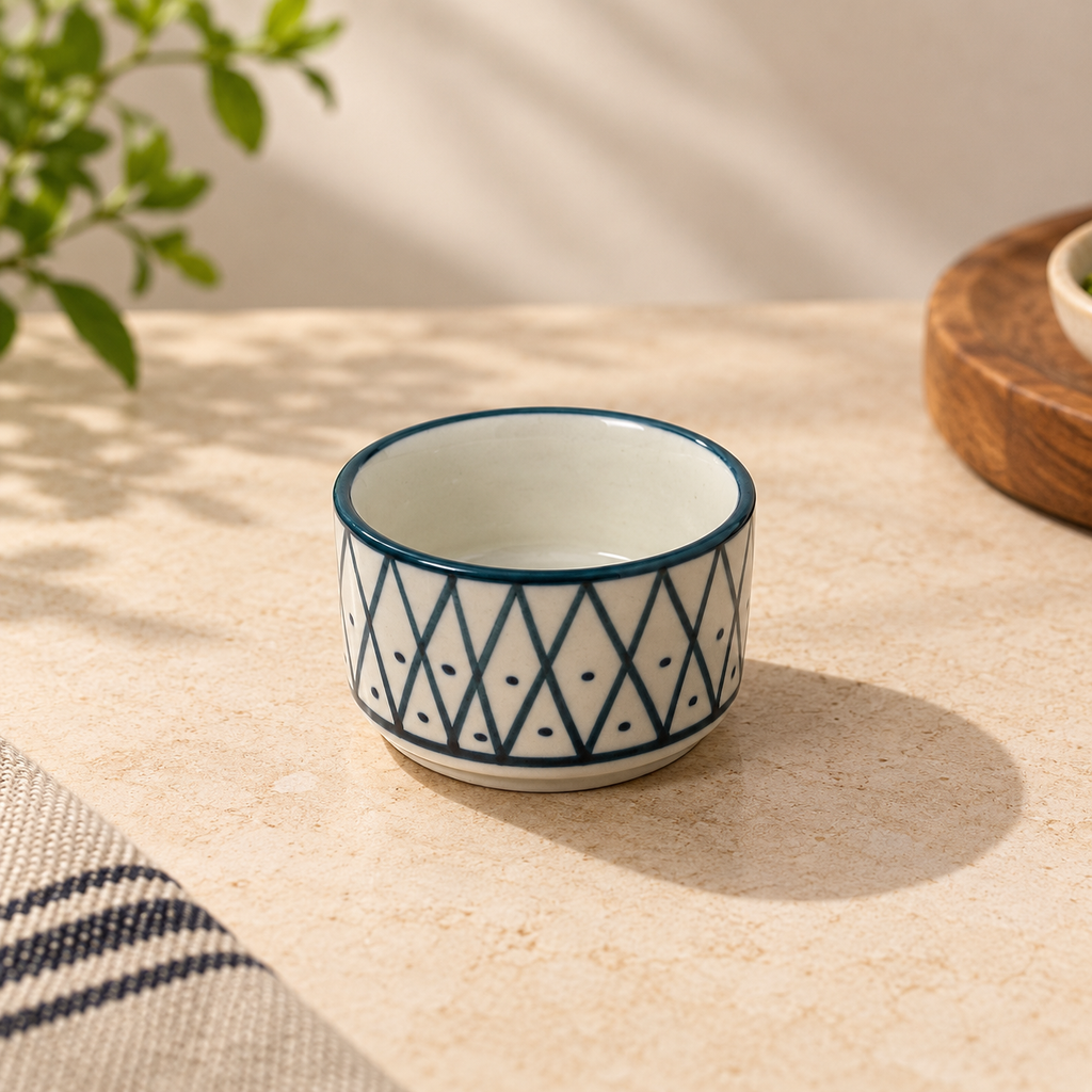Ozay Living Lattice Dip Cup set of three ceramic dip cups in cream and blue geometric lattice design
