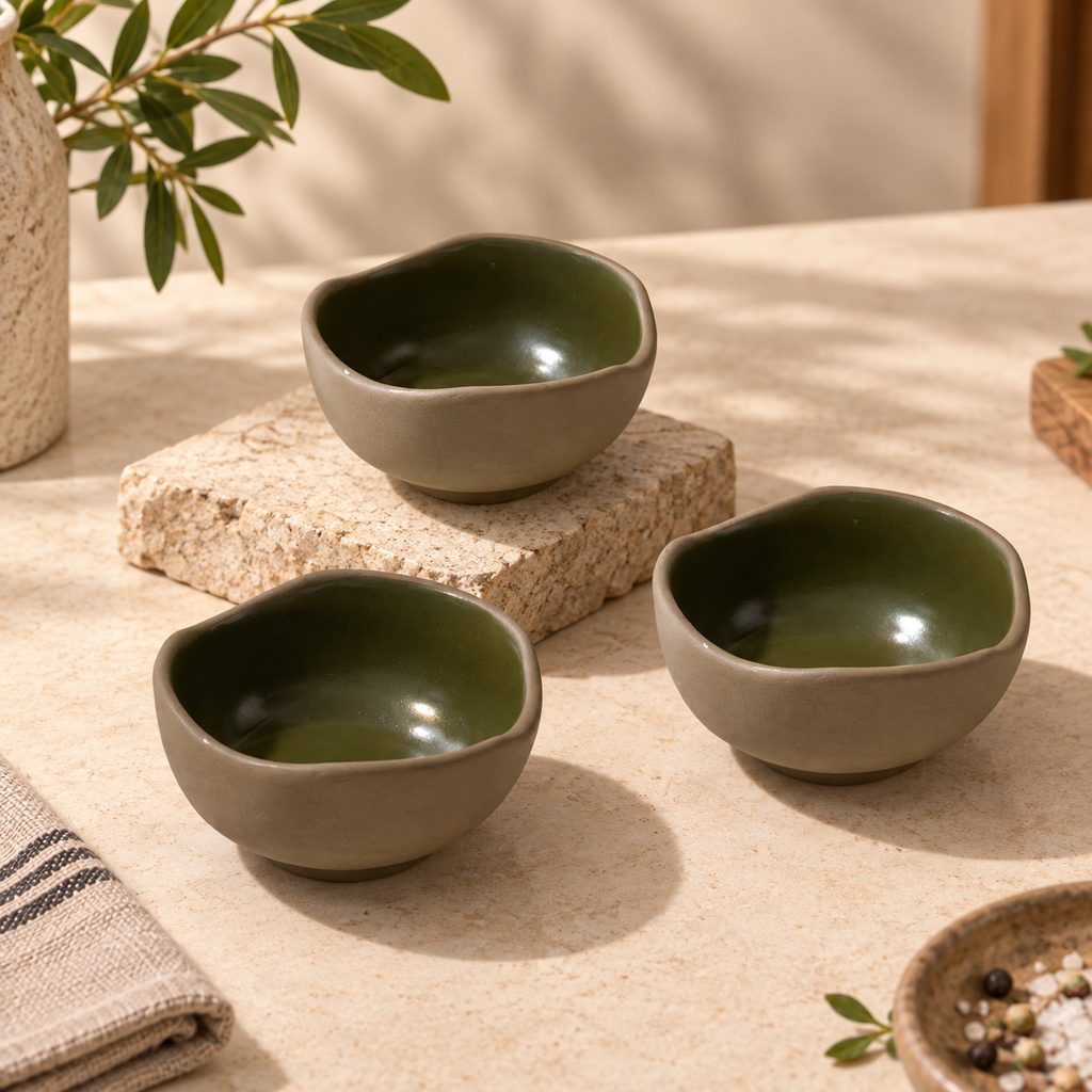 Moss Katori Set of 2 ceramic bowls with an earthy green interior