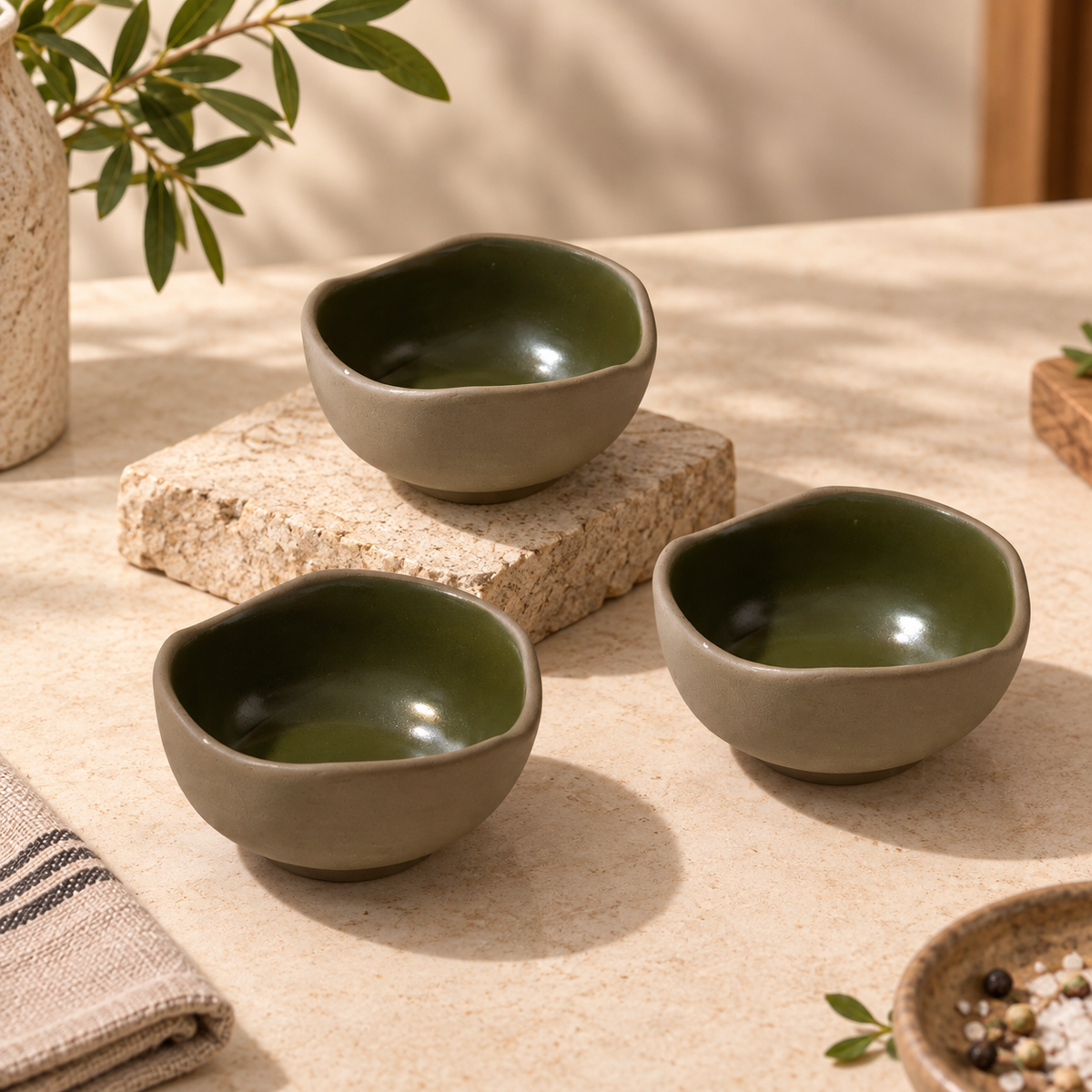 Moss Katori Set of 2 ceramic bowls with an earthy green interior